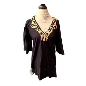 Embroidered V Neck Black Cotton 3/4 Sleeve Top